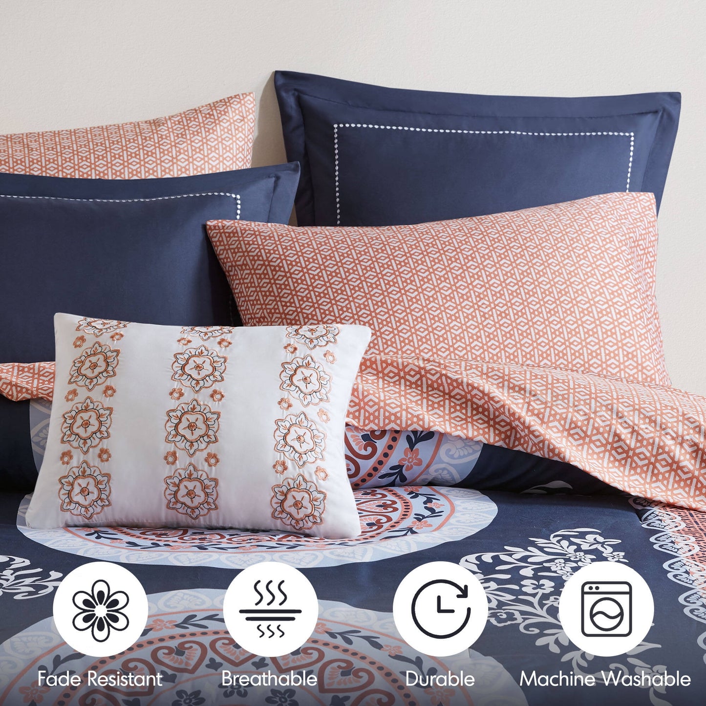 Bed in a Bag Navy/Orange Bedding Sets with Sheets, Bed Skirt for College Dorm