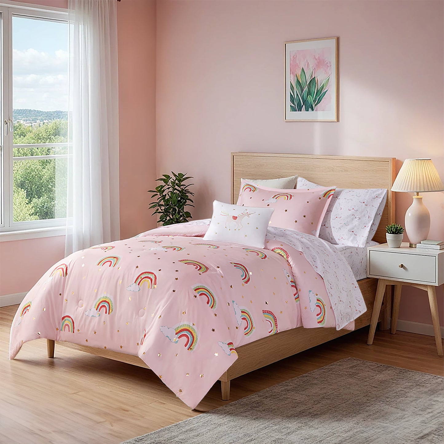 8-Piece Rainbow and Metallic Stars Girls Comforter Bedding Set with Bed Sheets