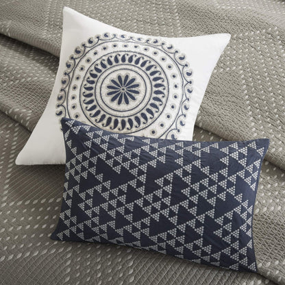 Square Contemporary Cotton Embroidered Pillow in Navy