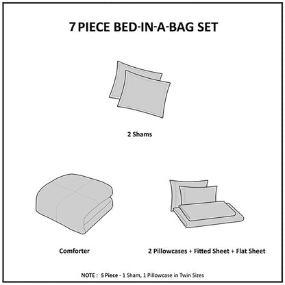 7 Piece Stripe Comforter Set, Bed in a Bag Bedding Set with Flat Sheet and Fitted Sheet, Blue Grey