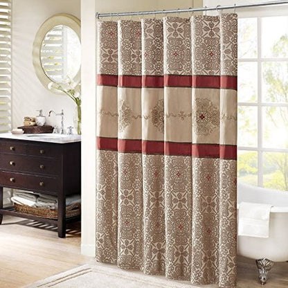 Traditional Embroidered Medallion Bathroom Shower Curtain with 12 Button Holes