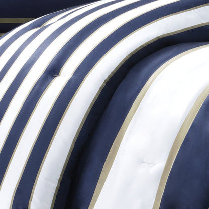 4-Piece Striped Child Comforter Set with Decor Pillow, All Season Boy Bedding Set, Khaki/Navy