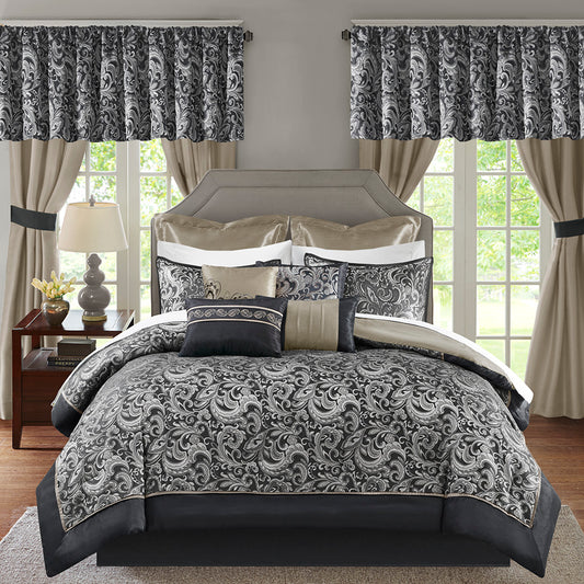 24 Piece Room in a Bag Jacquard Paisley Pattern Conforter Set with Comforter, Bedskirt, Bed Sheets, Curtains, Pillowcases