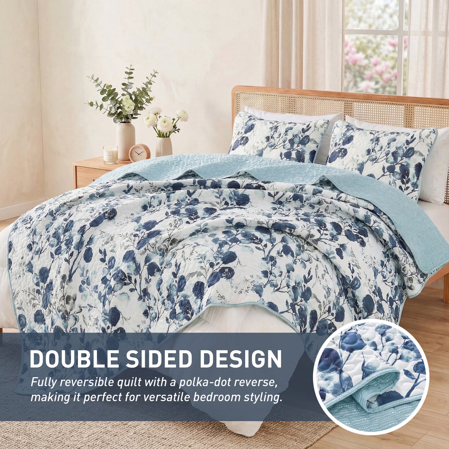 Floral Botanical Garden Style Quilt Bedspread with Sham