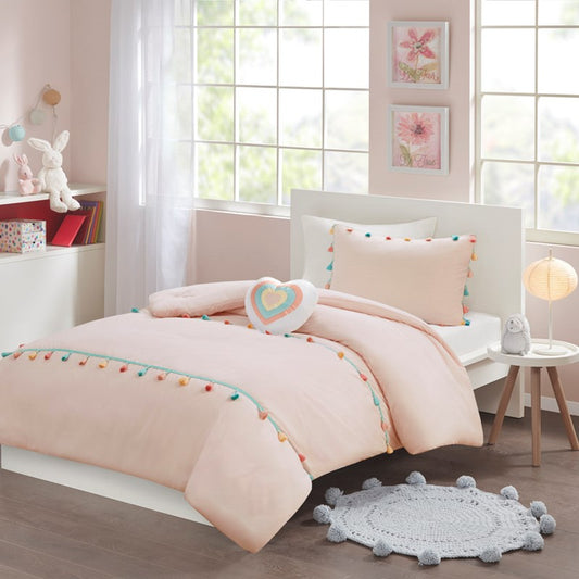 4 Piece Colorful Tassel Kid's Bedding Set, Comforter Set with Heart Shaped Throw Pillow