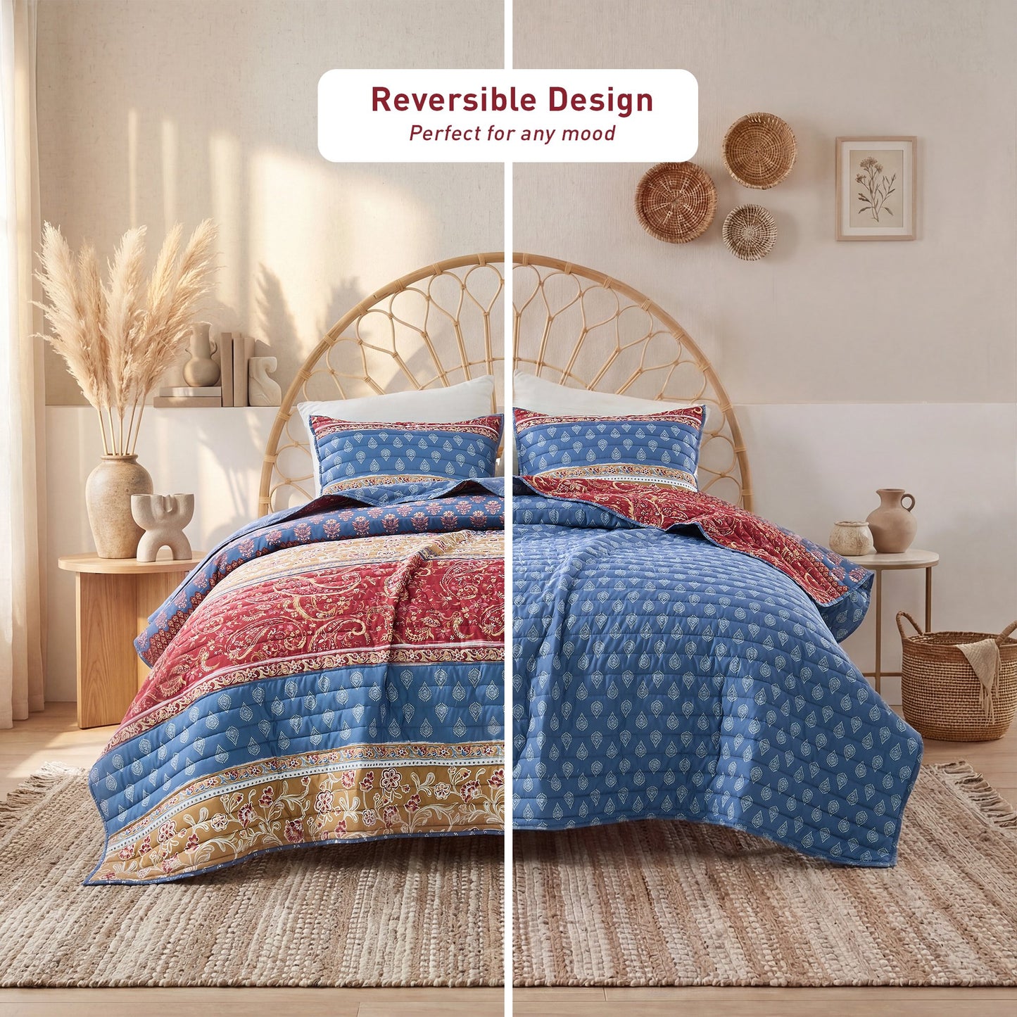 Boho Floral Reversible Patchwork Quilt Set with Pillowcases