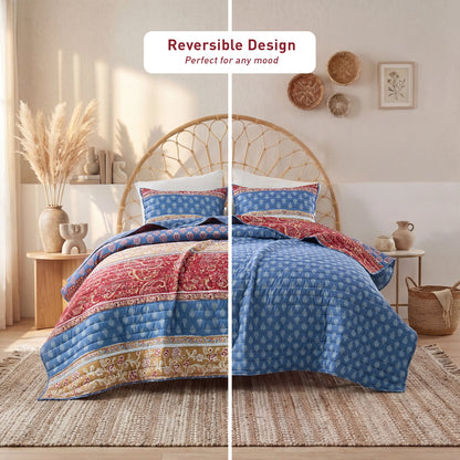 Boho Floral Reversible Patchwork Quilt Set with Pillowcases