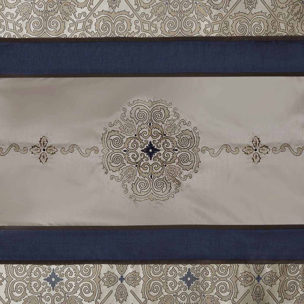 Traditional Embroidered Medallion Bathroom Shower Curtain with 12 Button Holes