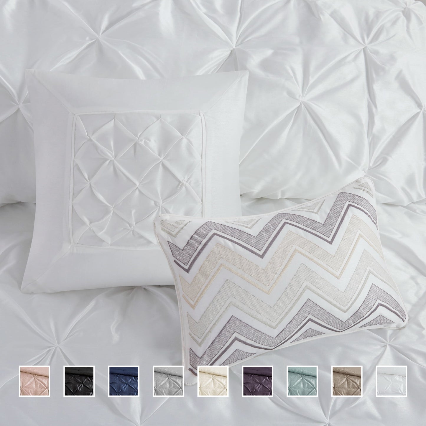 Tufted Pintuk Bed in a Bag Bed Set, Satin Luxury Grey Comforter Bedding Set with Decor Pillow