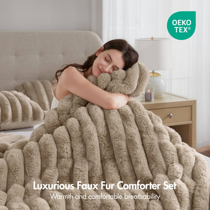 Faux Fur Fluffy Ribbed Bedding Comforter Set