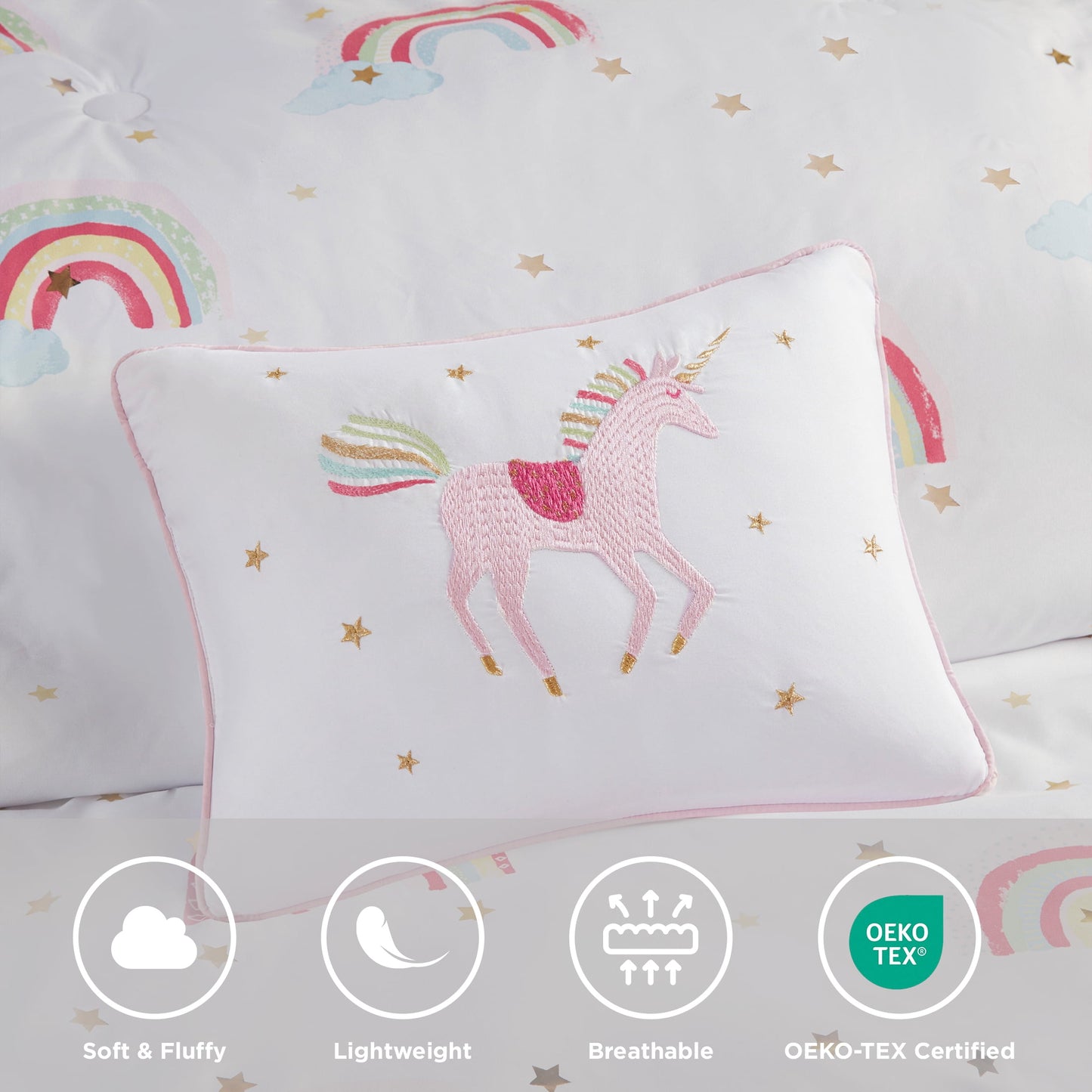 8-Piece Rainbow and Metallic Stars Girls Comforter Bedding Set with Bed Sheets