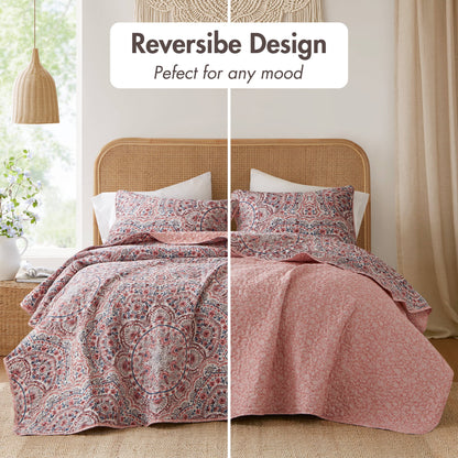 3-Piece Floral Boho Quilt Set, Reversible Bedding Set