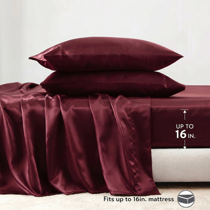 Satin Silky Bedding Sheet Set, Silky Sheen and Cloud-Soft Bed Sheet with Deep-Pocket Fitted Sheet
