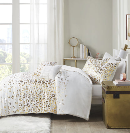 4 Piece Gold Metallic Leopard Printed Duvet Cover Set, Ivory/Gold, Twin/Twin-XL