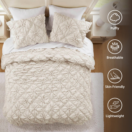 Floral Puffy Bow Tie Bedding Set, Comforter Set with Sham