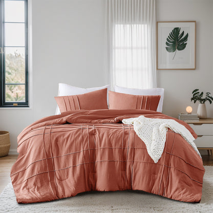 Boho Pintuck Stitching Dorm Bedding Set, Soft Washed Pleated Bed Sets with Pillow Sham