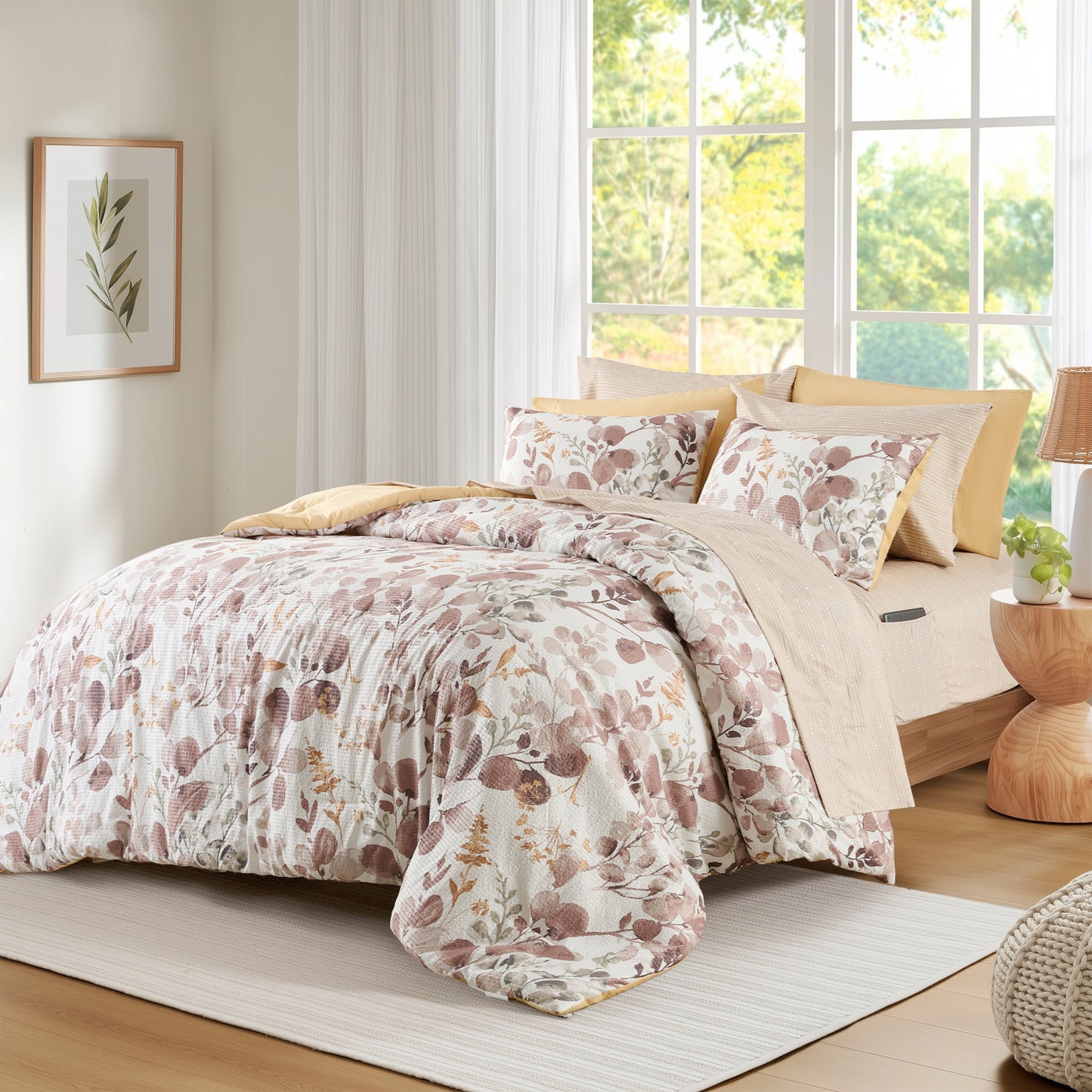 Seersucker Comforter Set with Sheets, Botanical Bed in A Bag