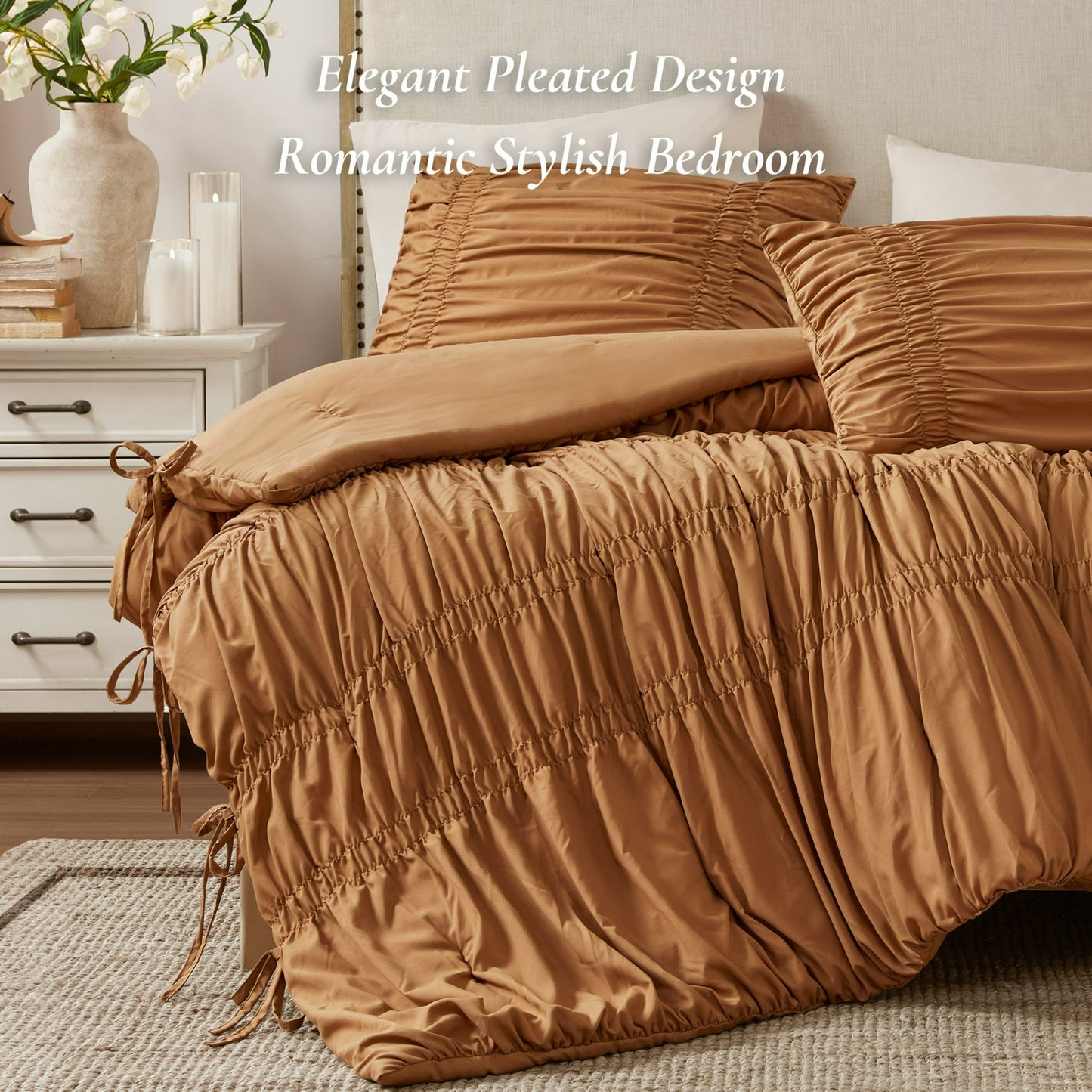 Romantic French Country Ruched Plush Comforter Set with Bow Ties