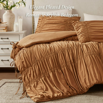 Romantic French Country Ruched Plush Comforter Set with Bow Ties