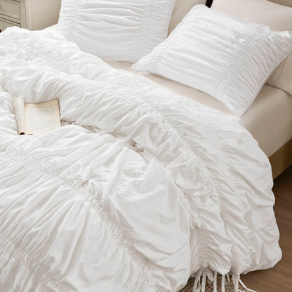 Romantic French Country Ruched Plush Comforter Set with Bow Ties