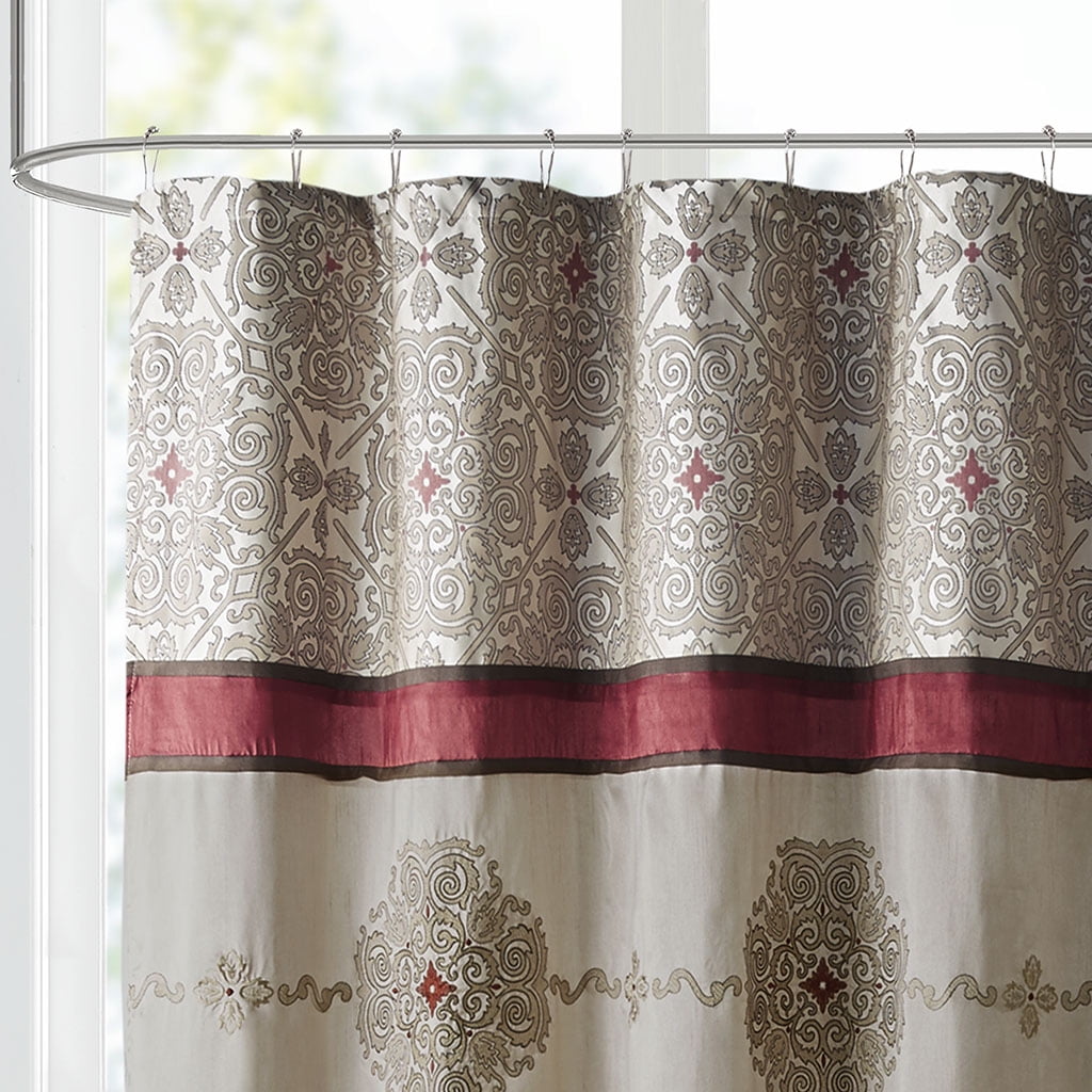 Traditional Embroidered Medallion Bathroom Shower Curtain with 12 Button Holes