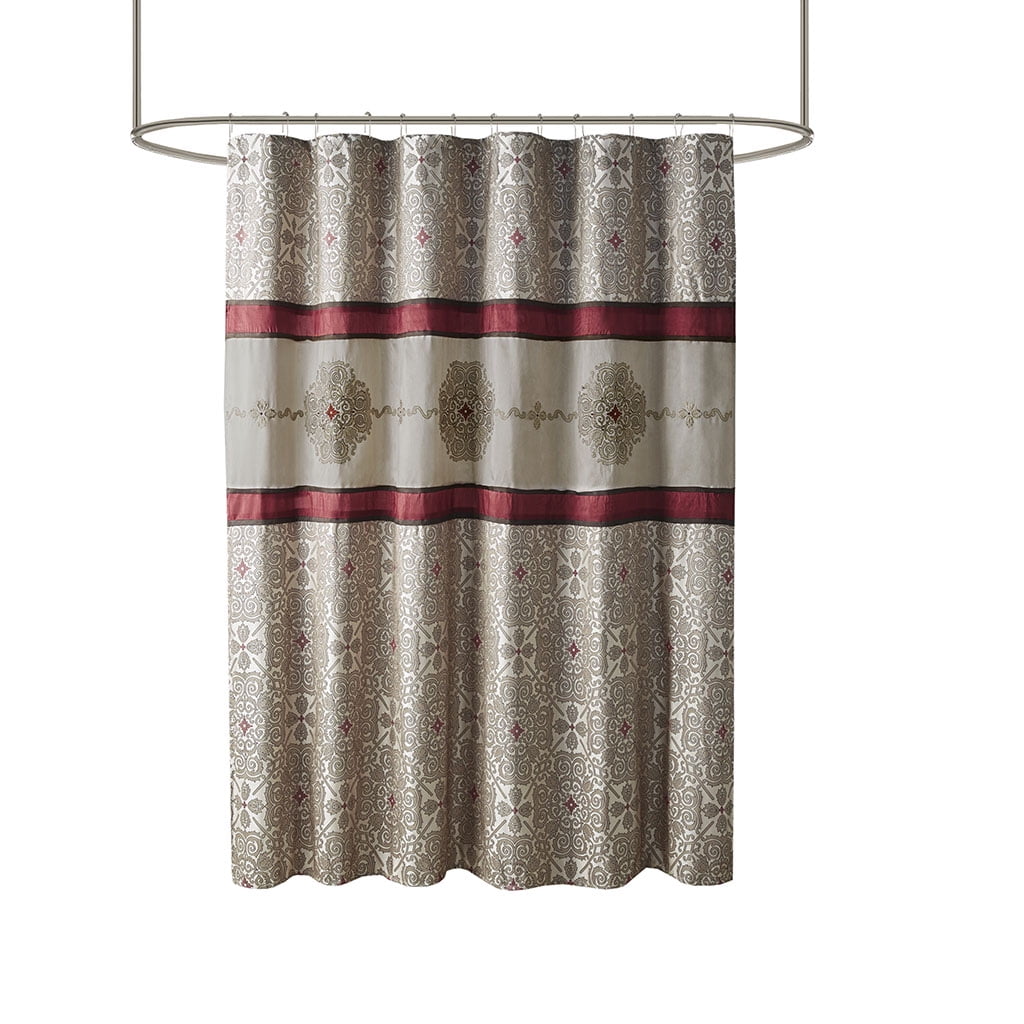 Traditional Embroidered Medallion Bathroom Shower Curtain with 12 Button Holes