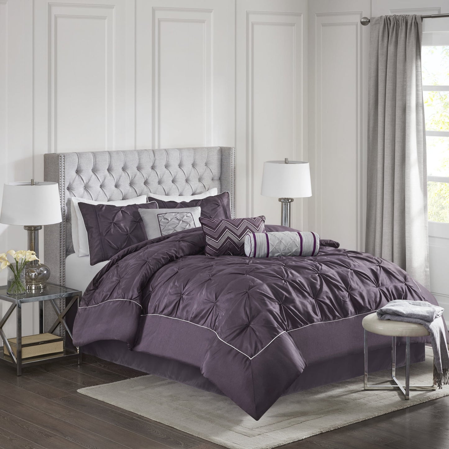 Tufted Pintuk Bed in a Bag Bed Set, Satin Luxury Grey Comforter Bedding Set with Decor Pillow