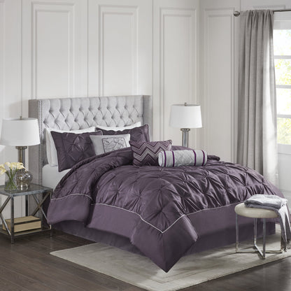 Tufted Pintuk Bed in a Bag Bed Set, Satin Luxury Grey Comforter Bedding Set with Decor Pillow