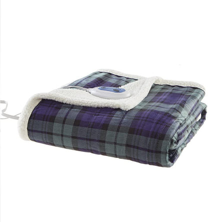 Oversized Mink to Berber Heated Throw, 60x70", Blue/Green