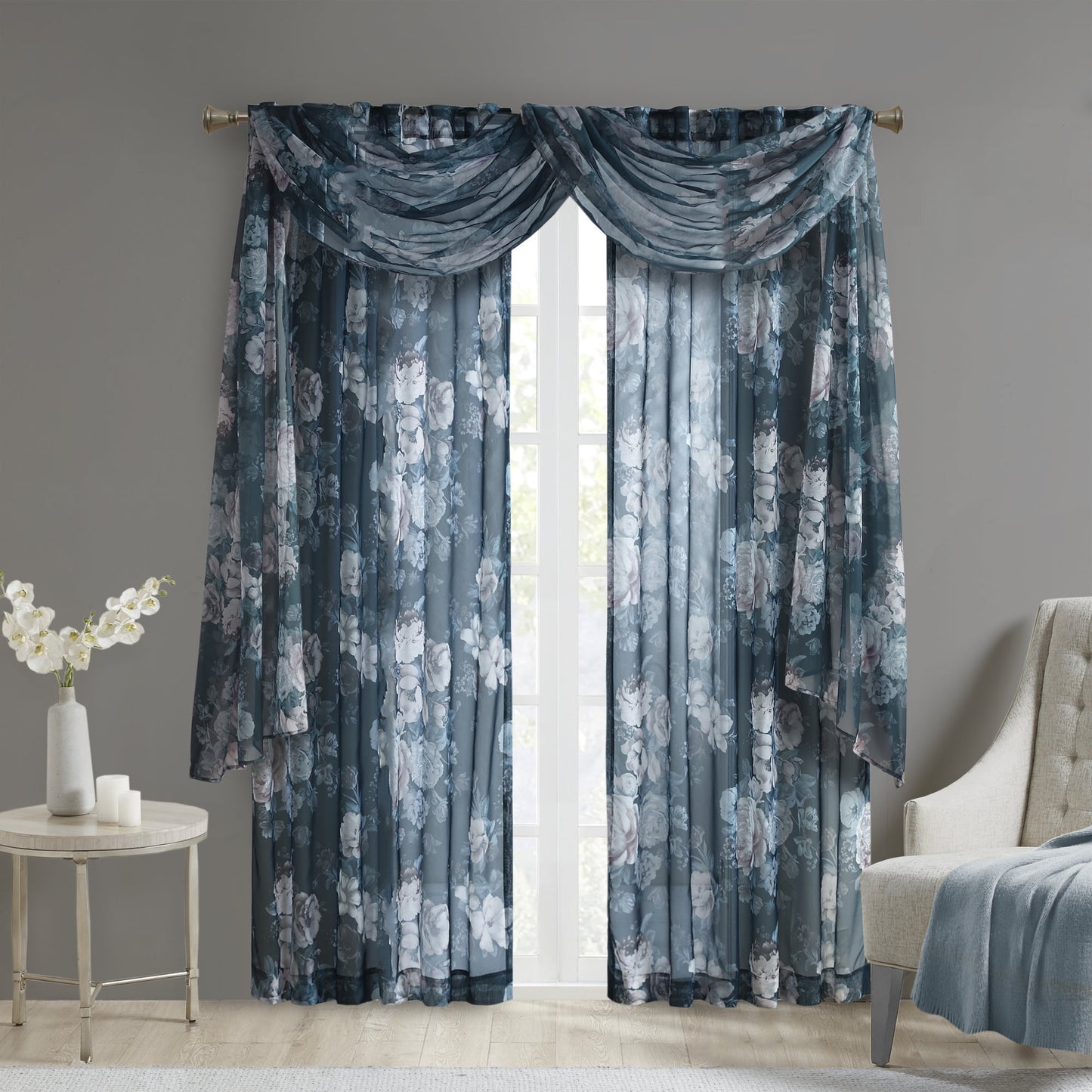 Printed Floral Rod Pocket and Back Tab Voile Sheer, Navy