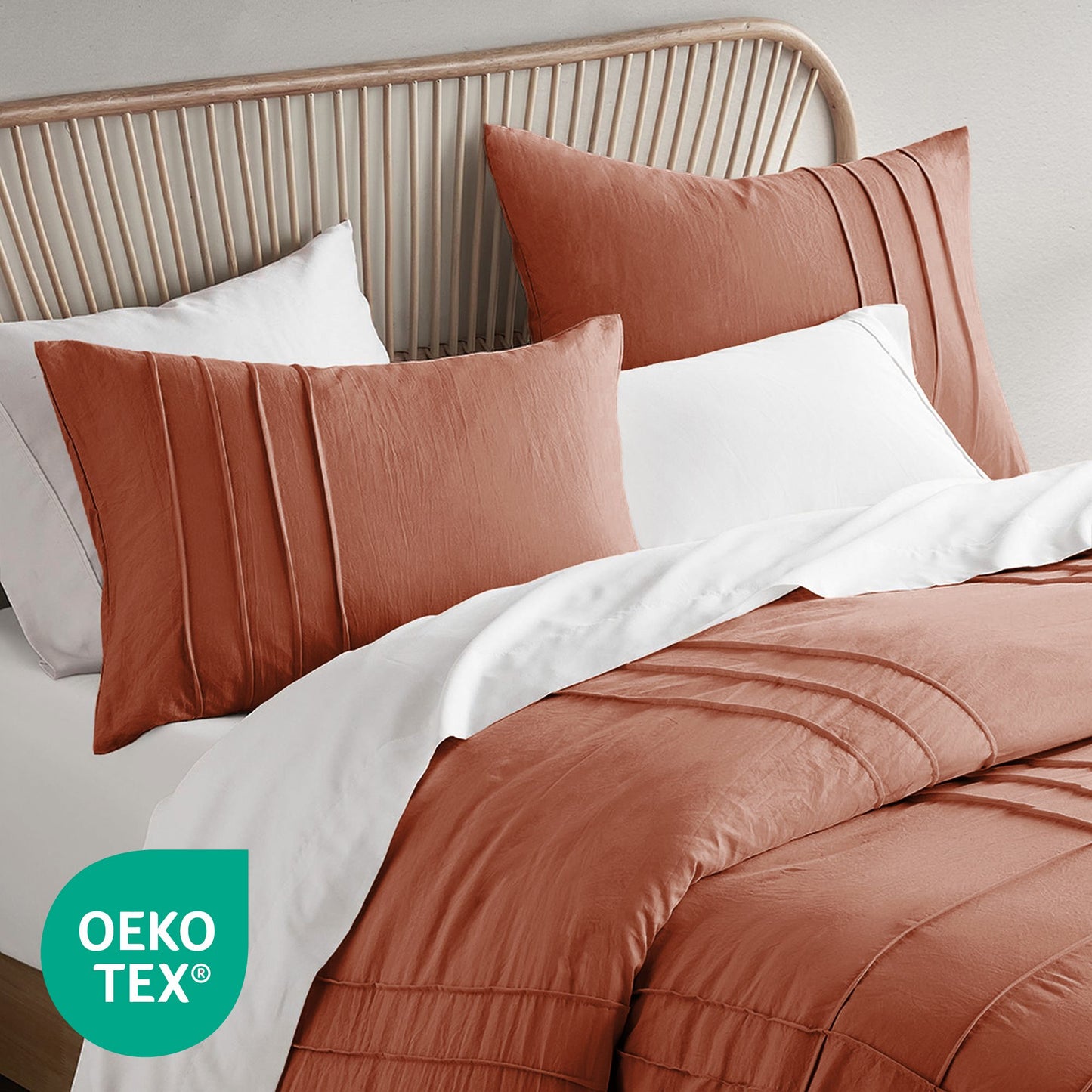 Boho Pintuck Stitching Dorm Bedding Set, Soft Washed Pleated Bed Sets with Pillow Sham