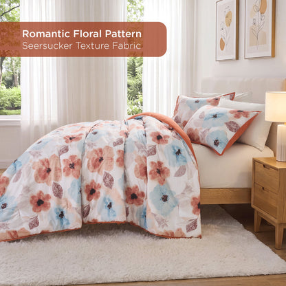 Reversible Floral Bedding Set, Cozy Botanical Flowers Seersucker Comforter Bed Set with Sheets and Pillowcases