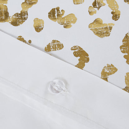 4 Piece Gold Metallic Leopard Printed Duvet Cover Set, Ivory/Gold, Twin/Twin-XL