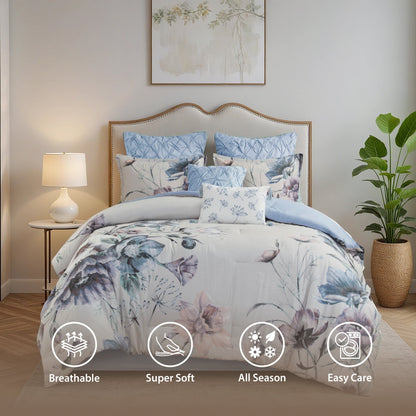 8 Piece Blue Floral Comforter Set, Cotton Comforter Bed in A Bag with Bedskirt