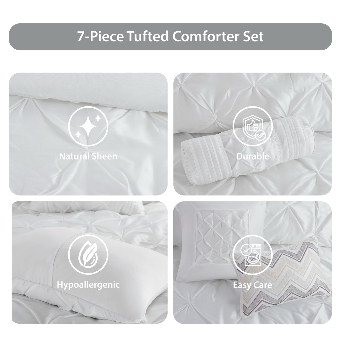 Tufted Pintuk Bed in a Bag Bed Set, Satin Luxury Grey Comforter Bedding Set with Decor Pillow
