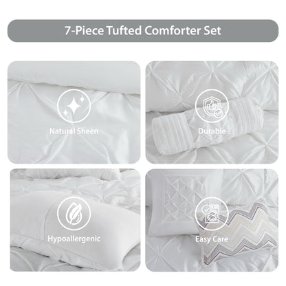 Tufted Pintuk Bed in a Bag Bed Set, Satin Luxury Grey Comforter Bedding Set with Decor Pillow