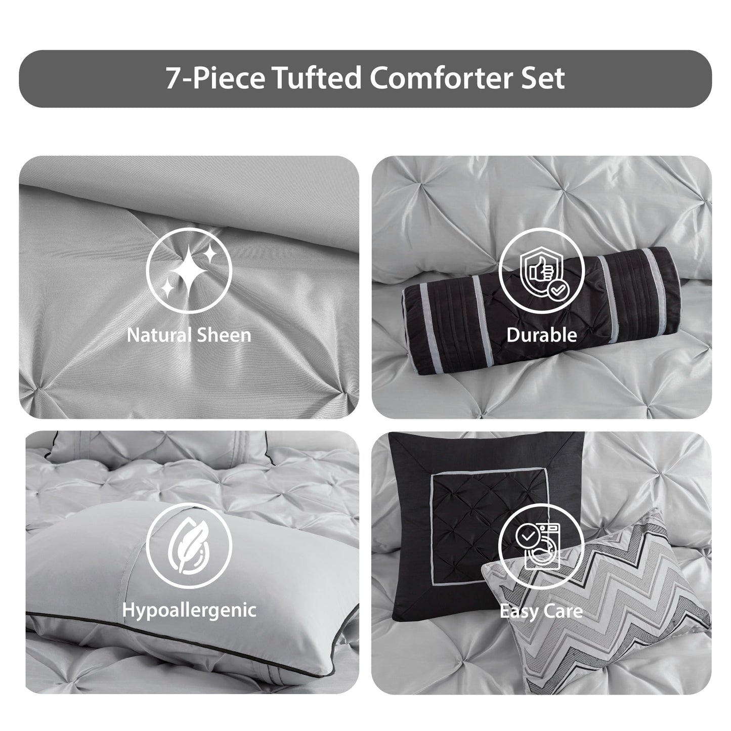 Tufted Pintuk Bed in a Bag Bed Set, Satin Luxury Grey Comforter Bedding Set with Decor Pillow
