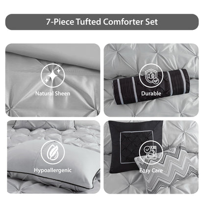 Tufted Pintuk Bed in a Bag Bed Set, Satin Luxury Grey Comforter Bedding Set with Decor Pillow