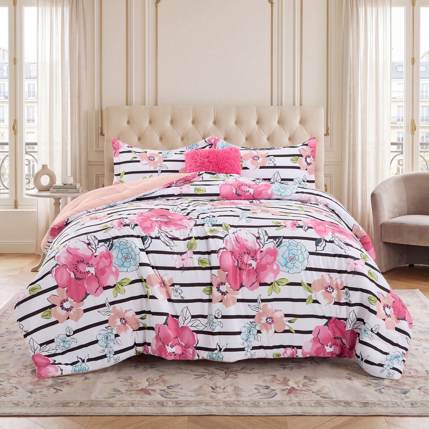 Rosalie Stripe Floral Bedding Comforter Set with Decorative Pillow