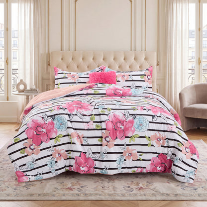Rosalie Stripe Floral Bedding Comforter Set with Decorative Pillow