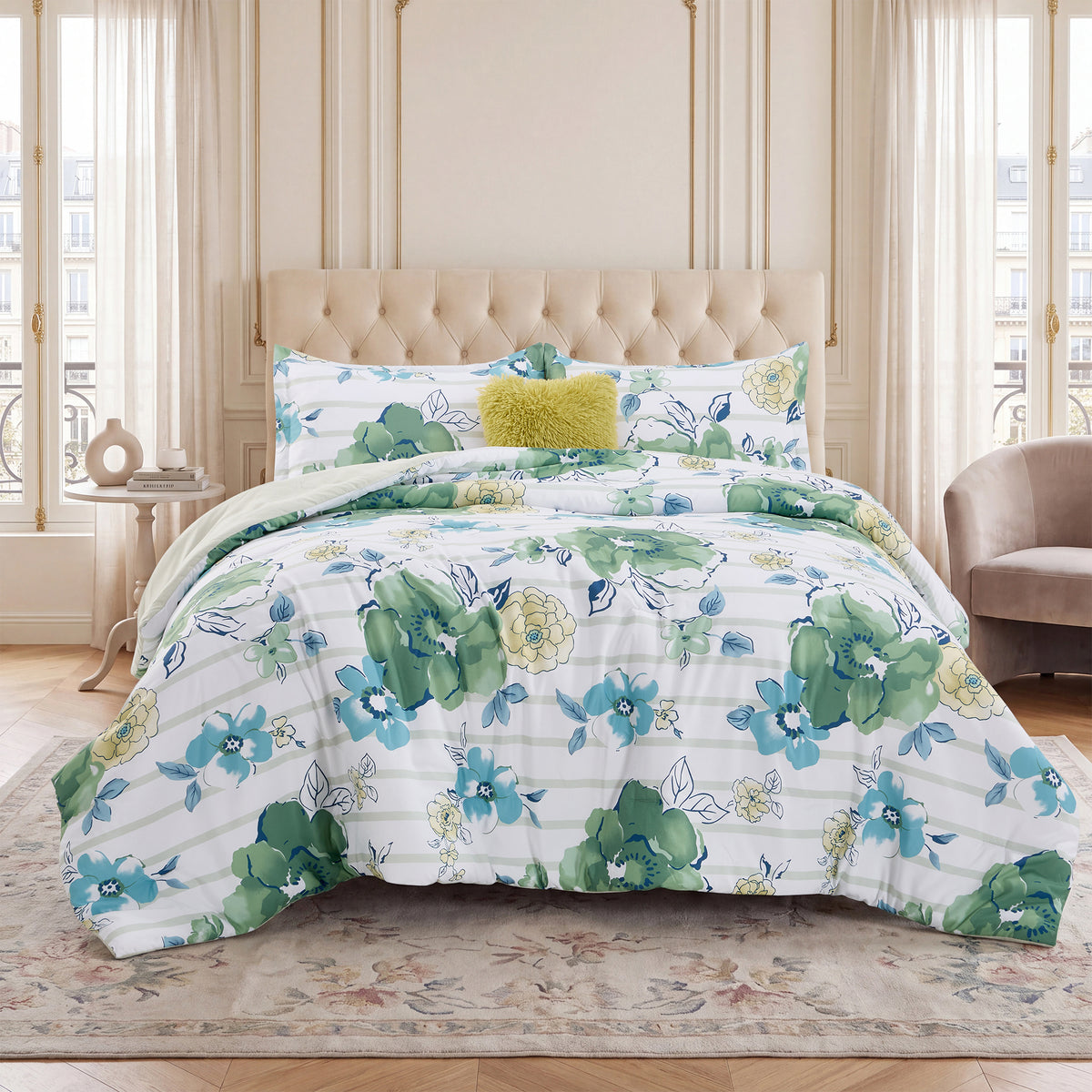 Rosalie Stripe Floral Bedding Comforter Set with Decorative Pillow