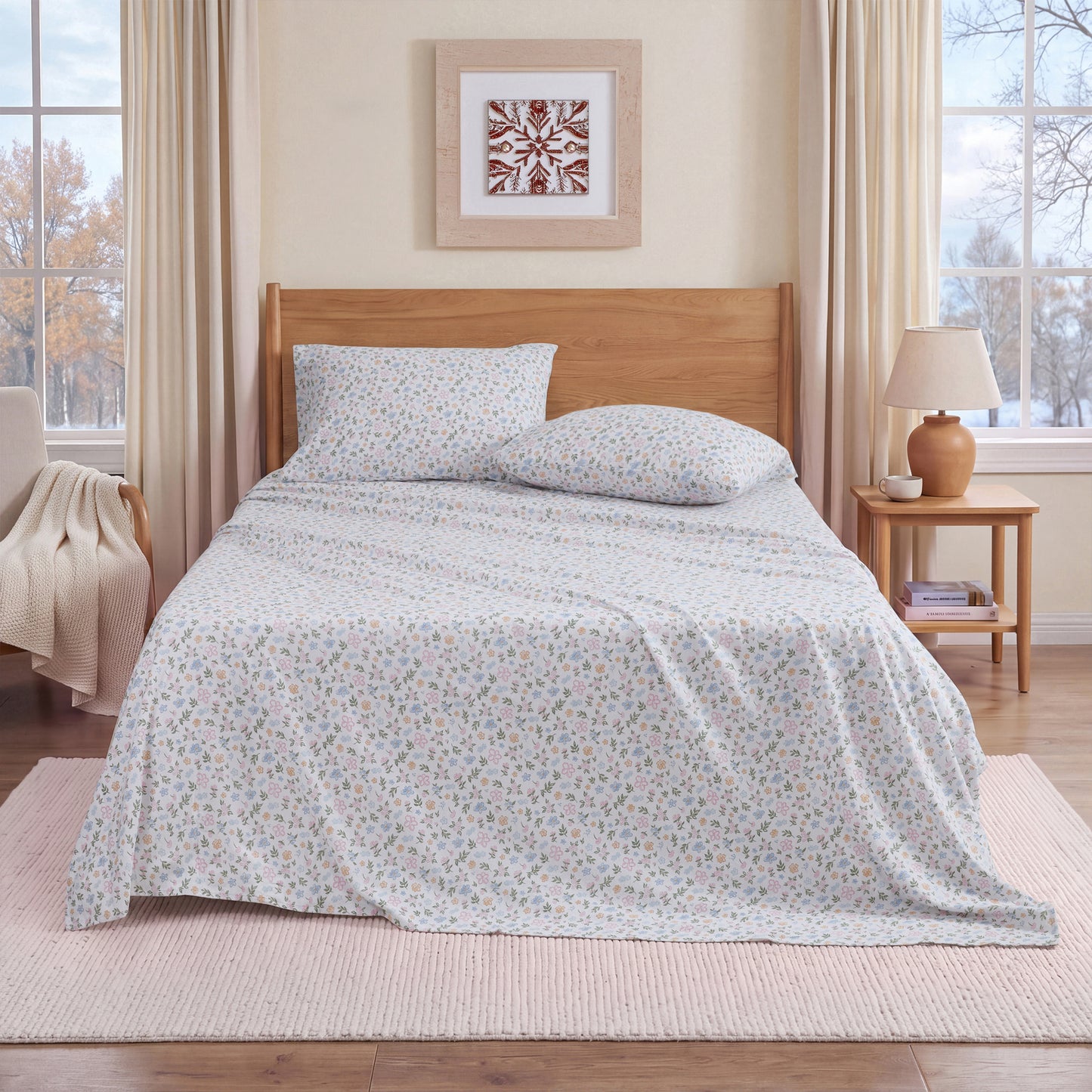 Cotton Flannel Sheet Set, 100% Cotton Bed Sheets Set with Deep Pocket
