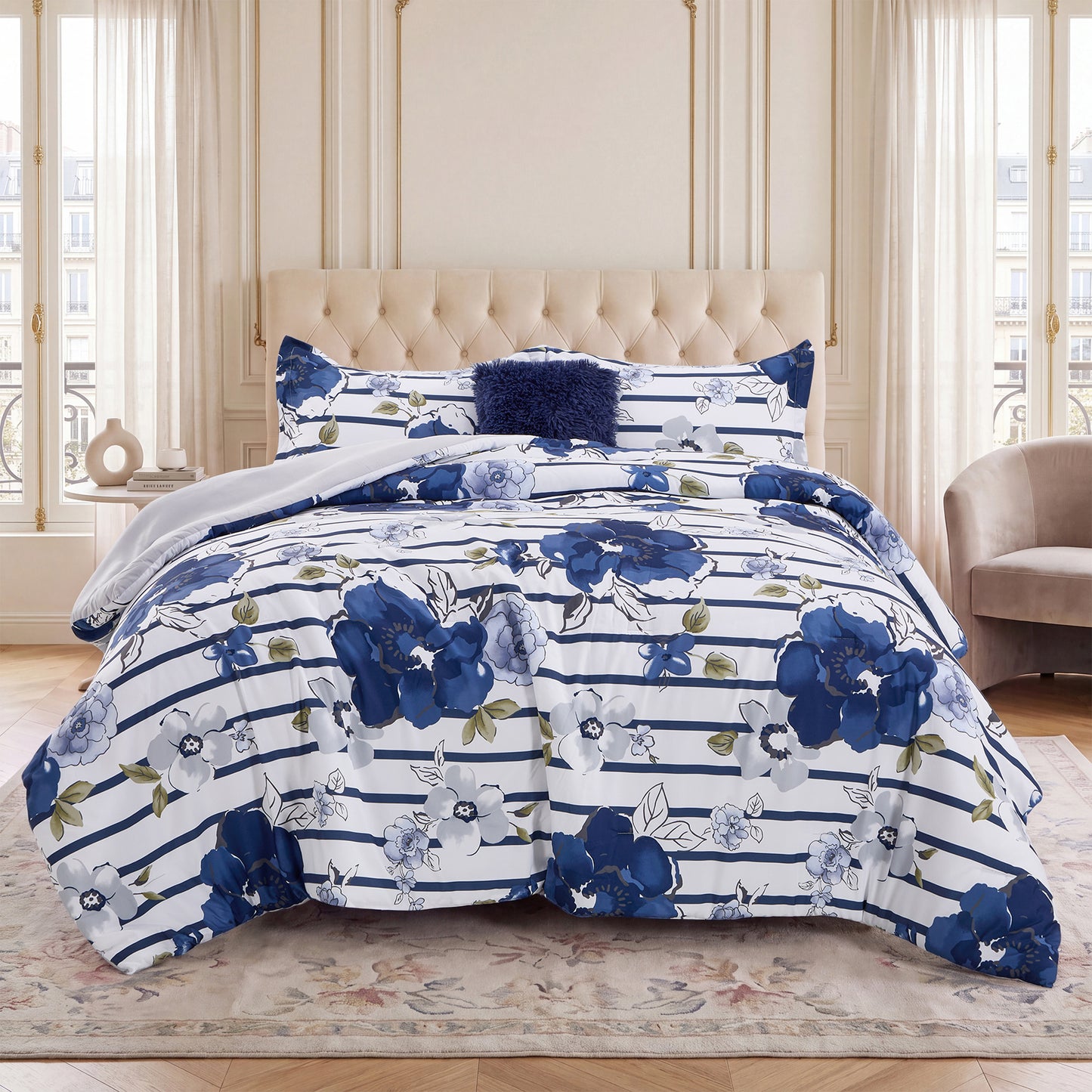 Rosalie Stripe Floral Bedding Comforter Set with Decorative Pillow