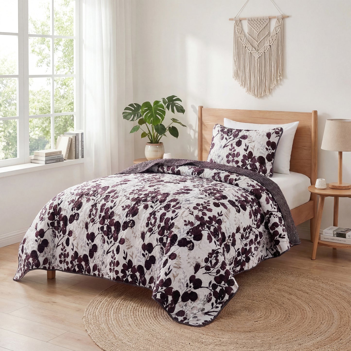 Floral Botanical Garden Style Quilt Bedspread with Sham