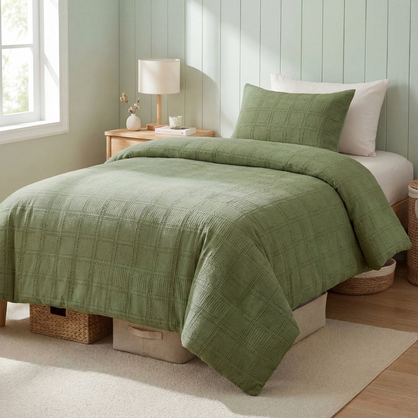 Solid Classic Waffle Weave Textured Duvet Cover Set