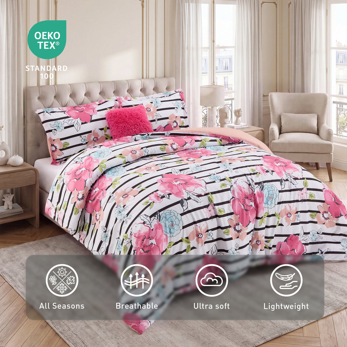 Rosalie Stripe Floral Bedding Comforter Set with Decorative Pillow
