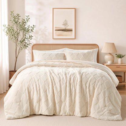 Jacquard Sherpa Diamond Comforter Set, Velvety Solid Reverse Fluffy Fleece Bedding Set with Comforter and Shams