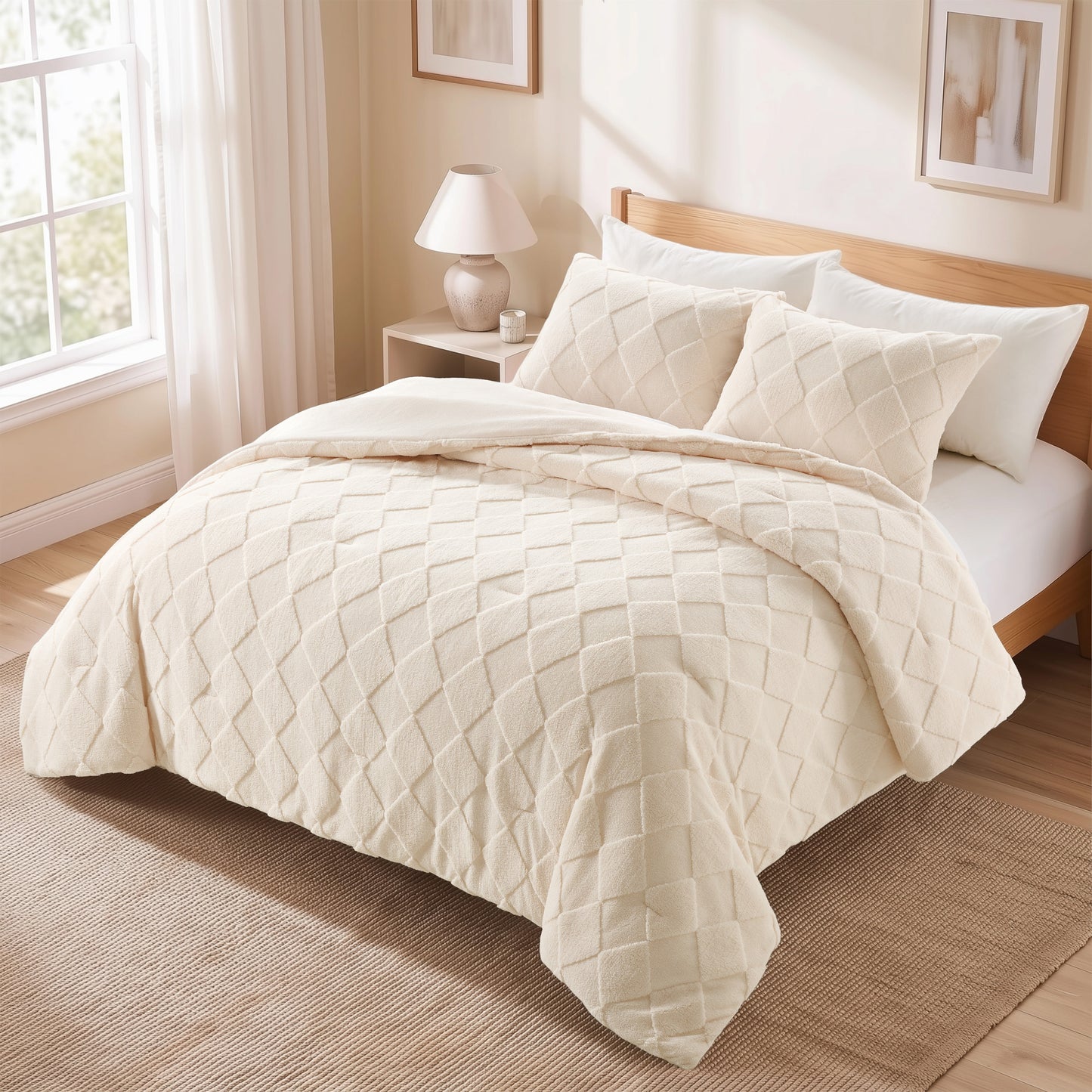 Jacquard Sherpa Diamond Comforter Set, Velvety Solid Reverse Fluffy Fleece Bedding Set with Comforter and Shams