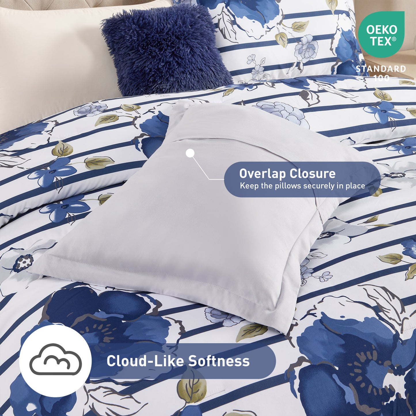 Rosalie Stripe Floral Bedding Comforter Set with Decorative Pillow