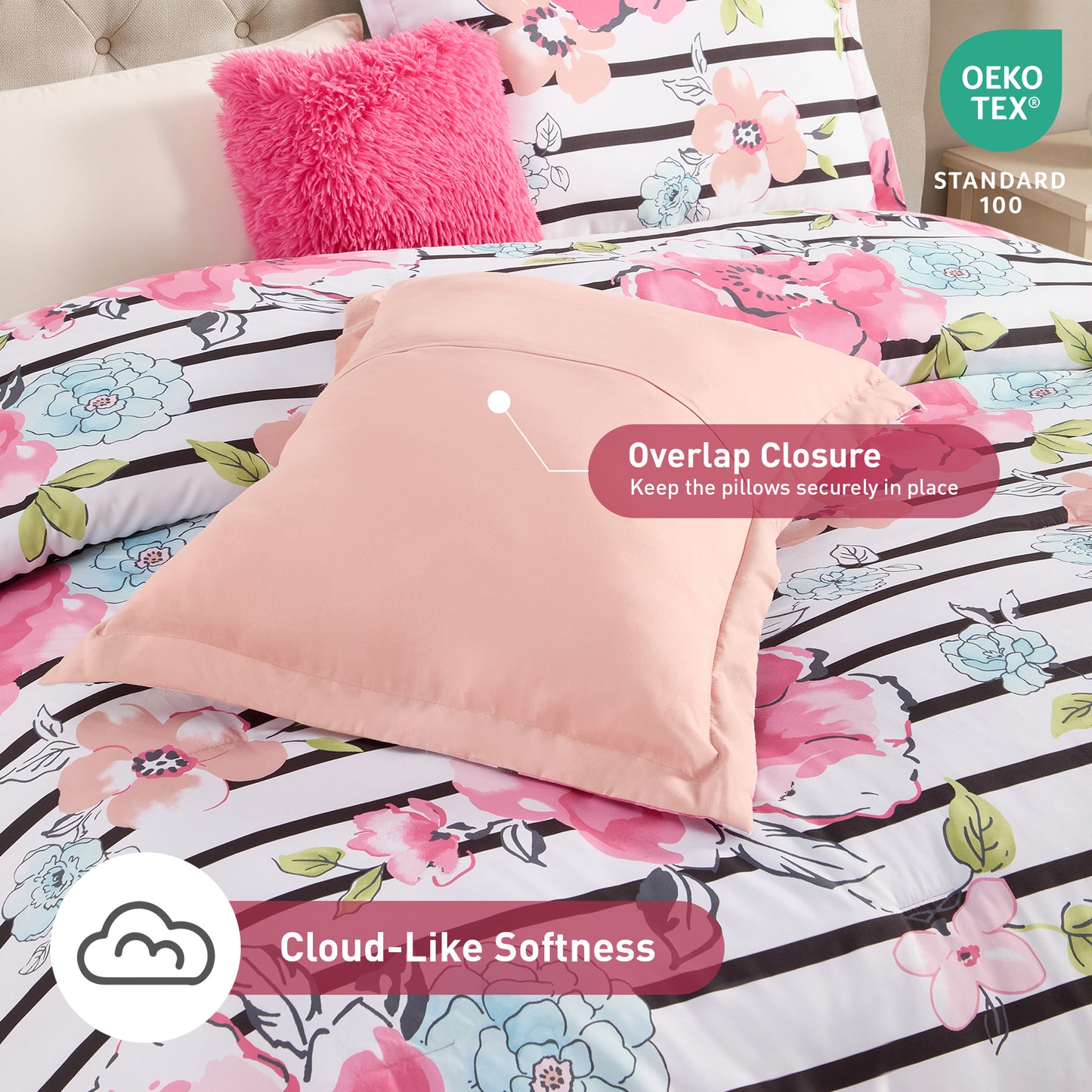 Rosalie Stripe Floral Bedding Comforter Set with Decorative Pillow